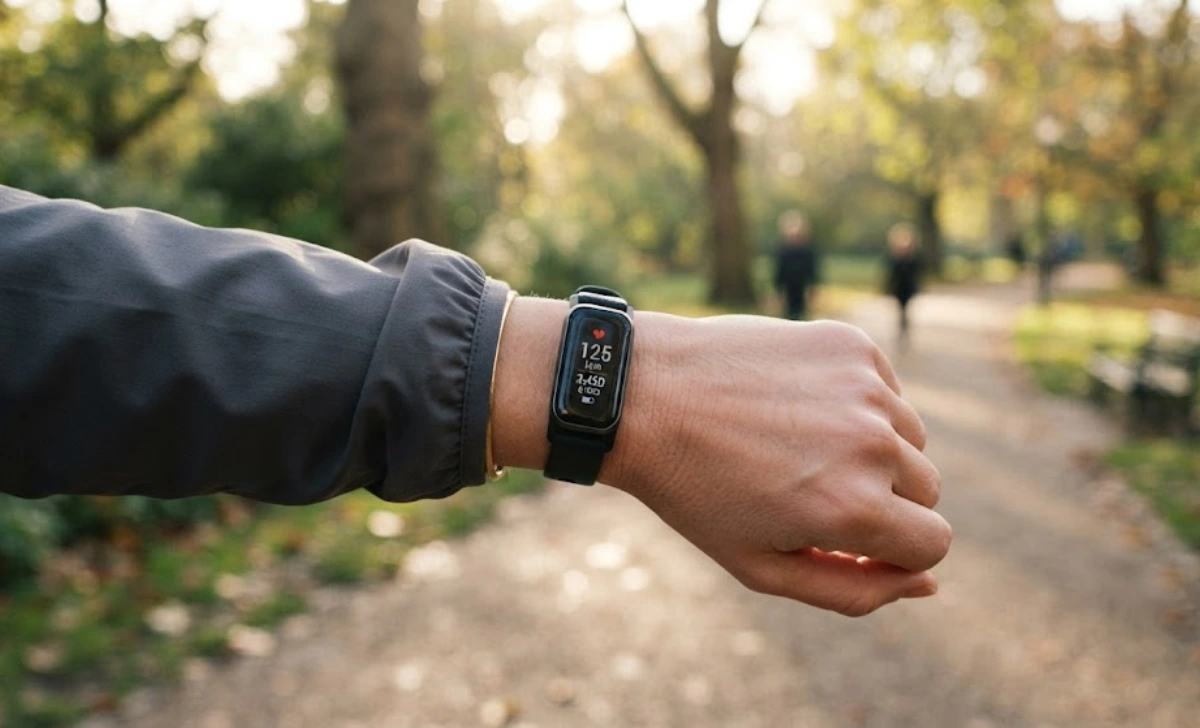 Close-up of a fitness tracker on a wrist during a walk, showing technology positive effects on wellness.