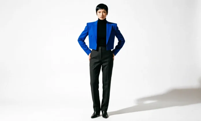 Flamboyant Gamine Body Type Style Guide Flamboyant gamine body type woman wearing cropped blazer and tapered pants
