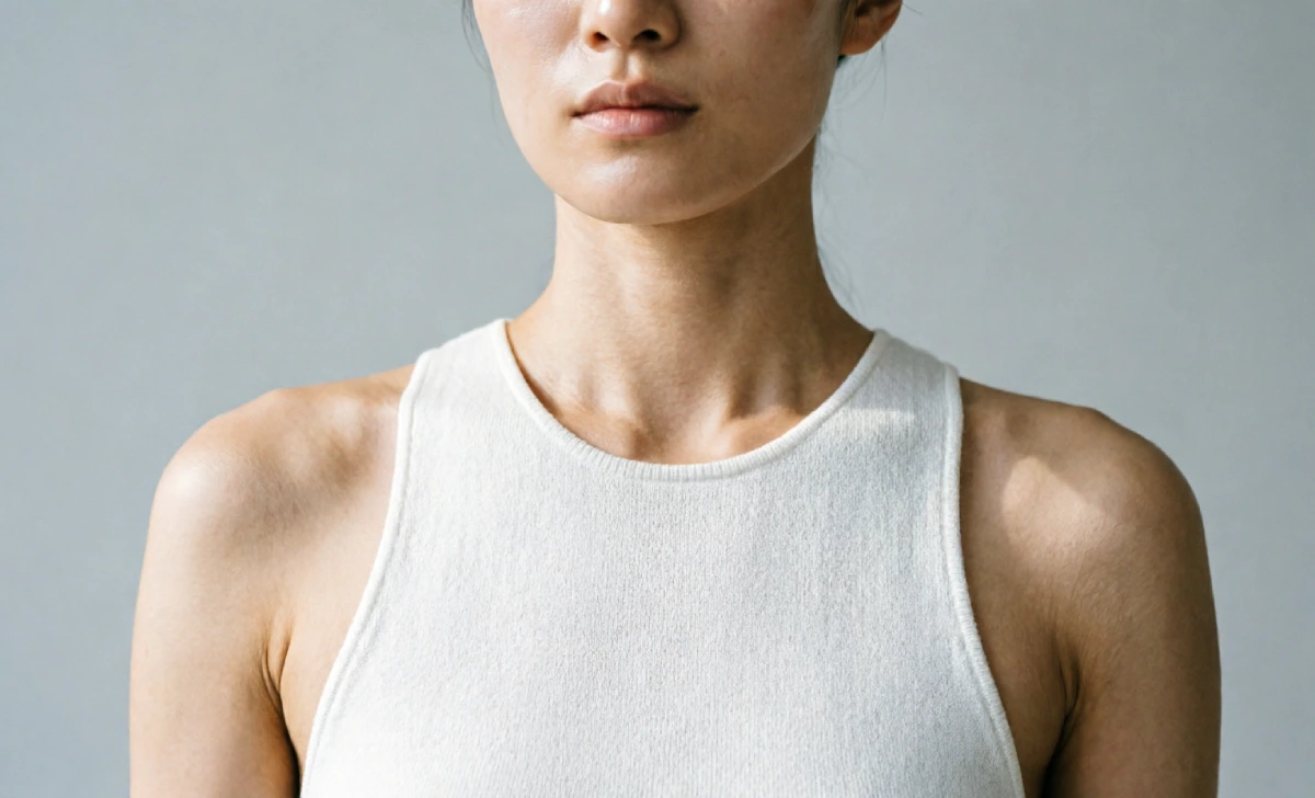 Close-up of angular shoulder line typical of the flamboyant gamine body type