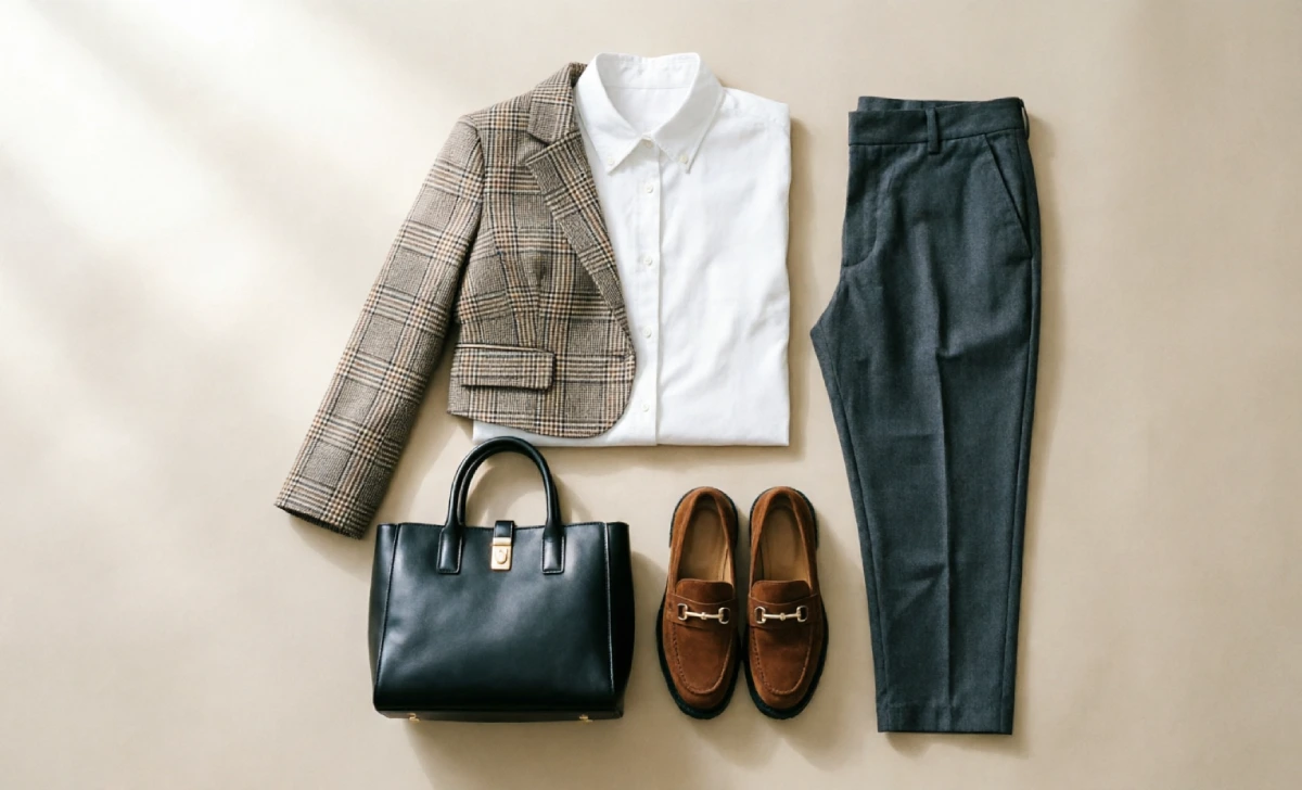 Flat lay of cropped blazer and tapered trousers for the flamboyant gamine body type