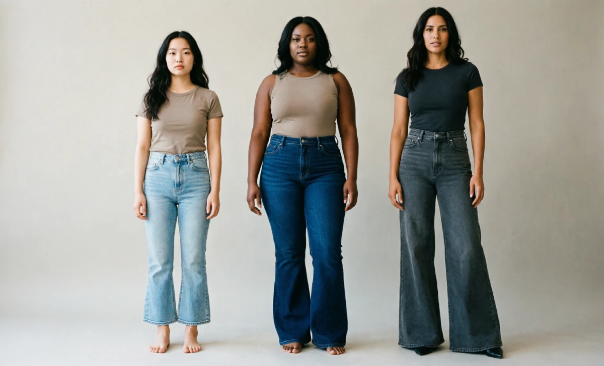 Three body types showing how to style flare jeans for petite, curvy, and tall frames