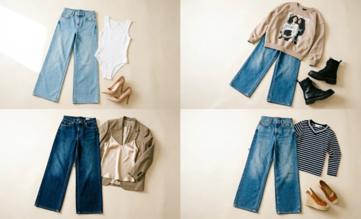 Lookbook showing multiple ways how to style flare jeans for different occasions