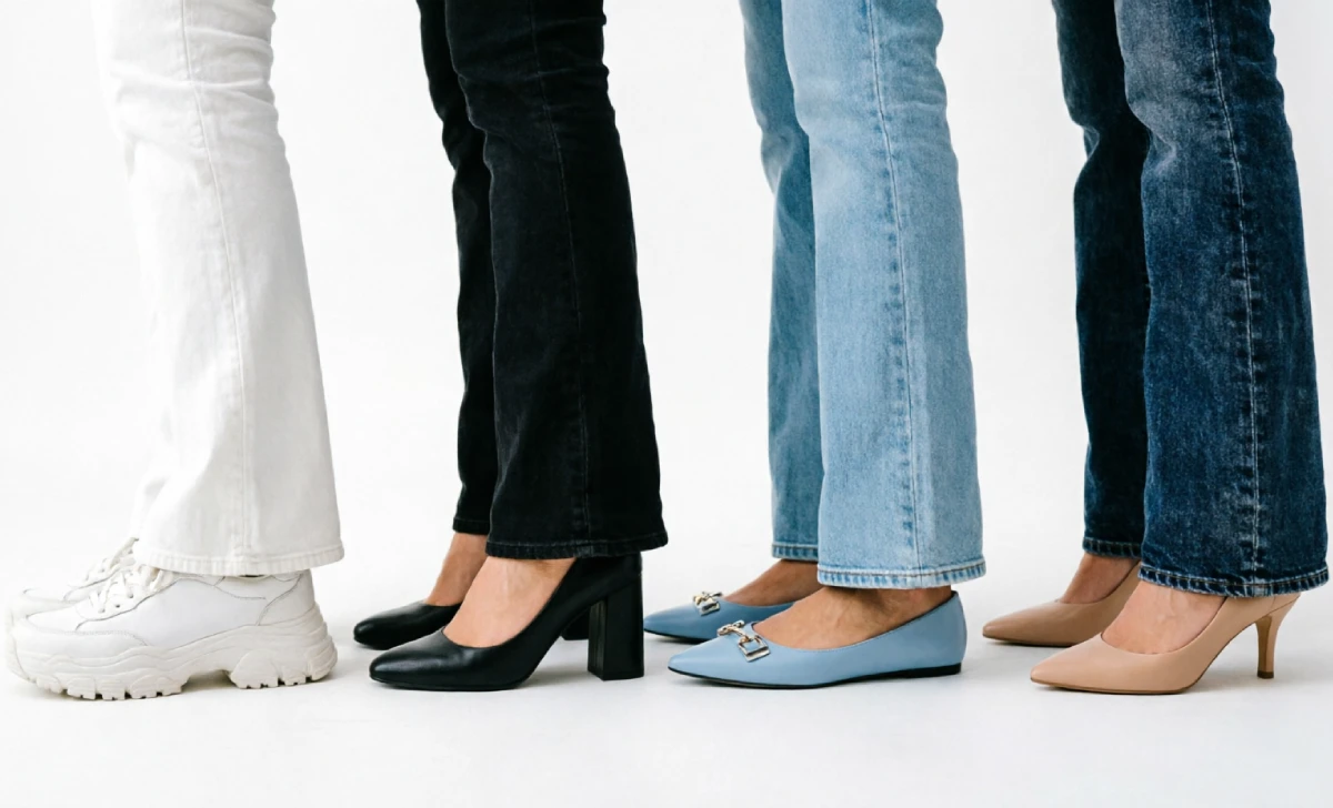 Shoe guide showing how to style flare jeans with flats, heels, and sneakers