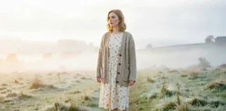 Woman in a folklore style outfits, wearing an oatmeal cable knit cardigan and floral midi dress in a misty field