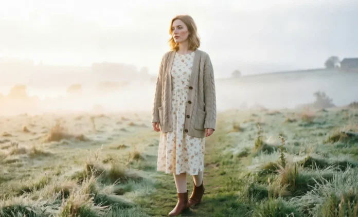 Folklore Style Outfits Woman in a folklore style outfits, wearing an oatmeal cable knit cardigan and floral midi dress in a misty field