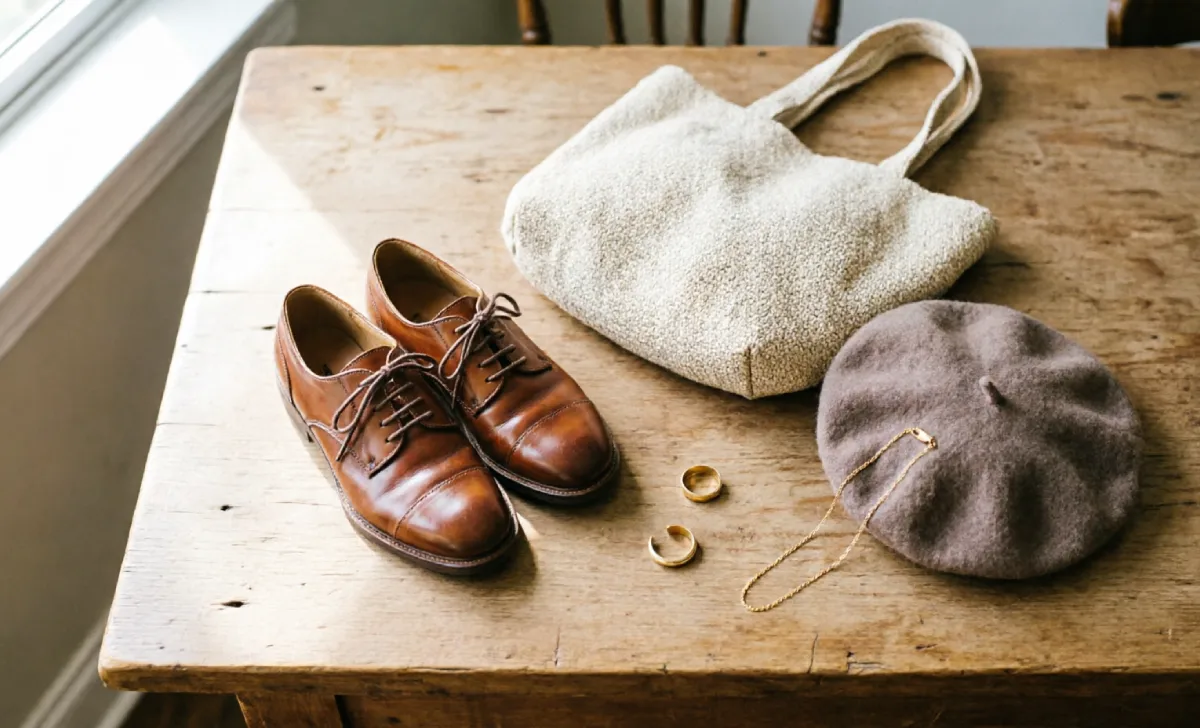 Accessories for folklore style outfits including Oxford shoes, woven tote, and wool beret
