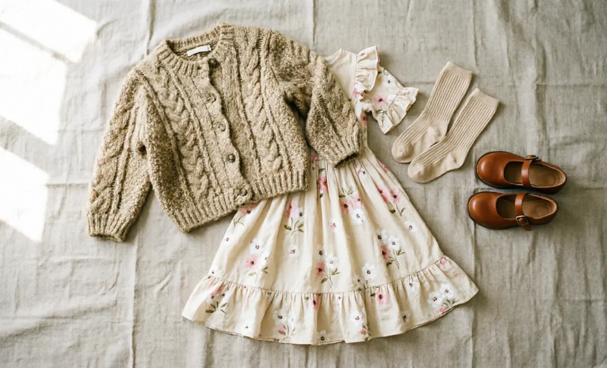 Flat-lay of folklore style outfits wardrobe capsule with cardigan, midi dress, and Mary Janes