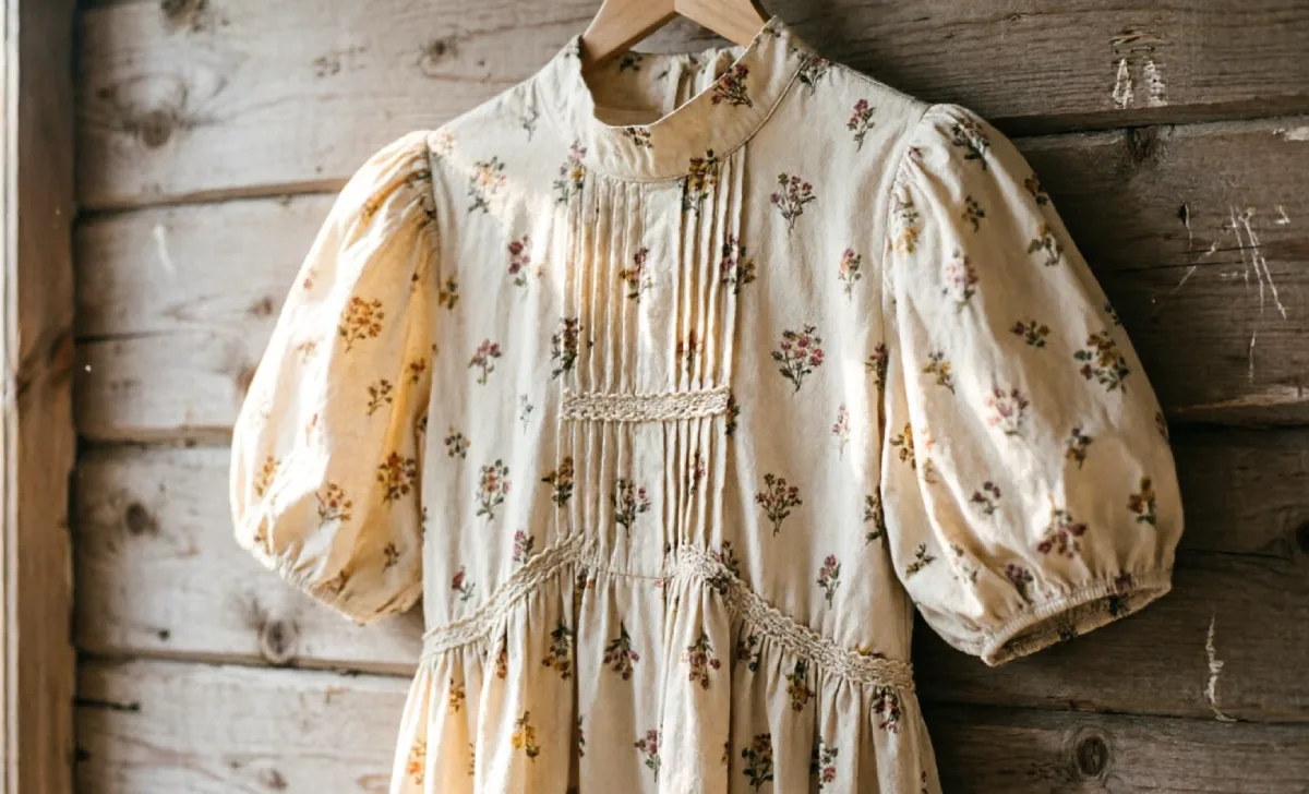 Cream floral prairie dress used in folklore style outfits with puff sleeves and pin-tuck detail
