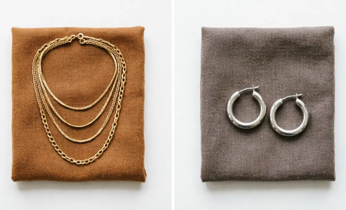 Gold jewellery paired with warm brown fabric and silver jewellery paired with cool brown fabric