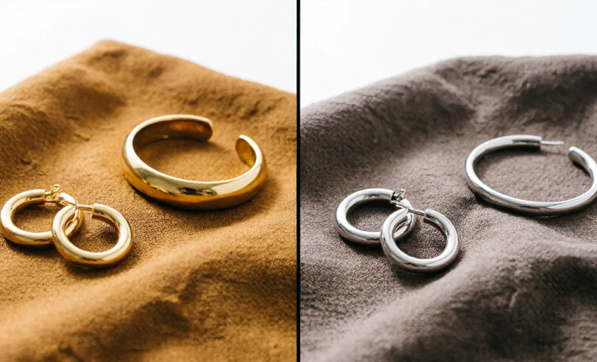 Gold jewellery on warm brown fabric compared with silver jewellery on cool brown fabric