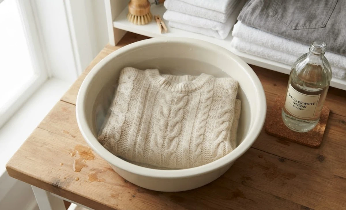 Hand-washing a thrifted sweater in a vinegar soak at home
