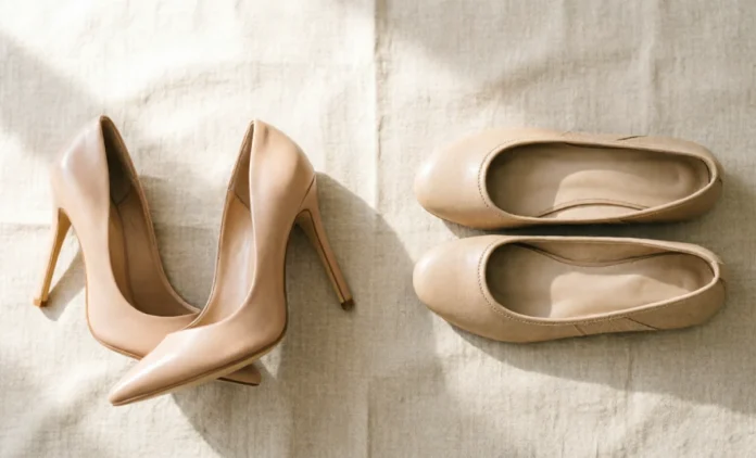 Heels vs flats comparison showing stylish high heels and comfortable flat shoes side by side Heels vs flats comparison showing stylish high heels and comfortable flat shoes side by side