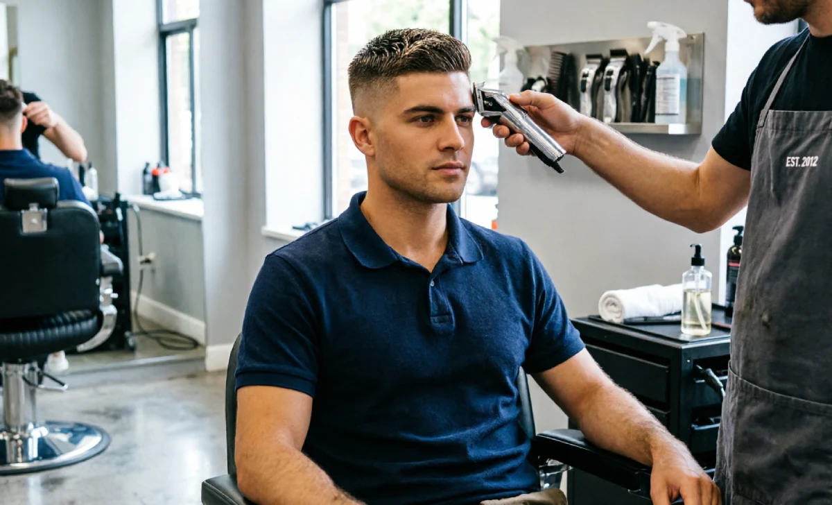 Barber cutting a high and tight skin fade military haircut