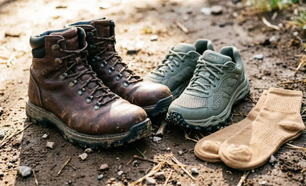 Hiking boots and trail running shoes next to merino wool hiking socks on a trail