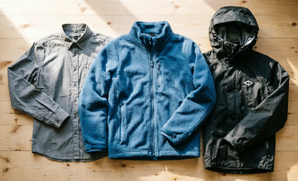 Three hiking clothing layers showing base layer, mid layer, and waterproof shell