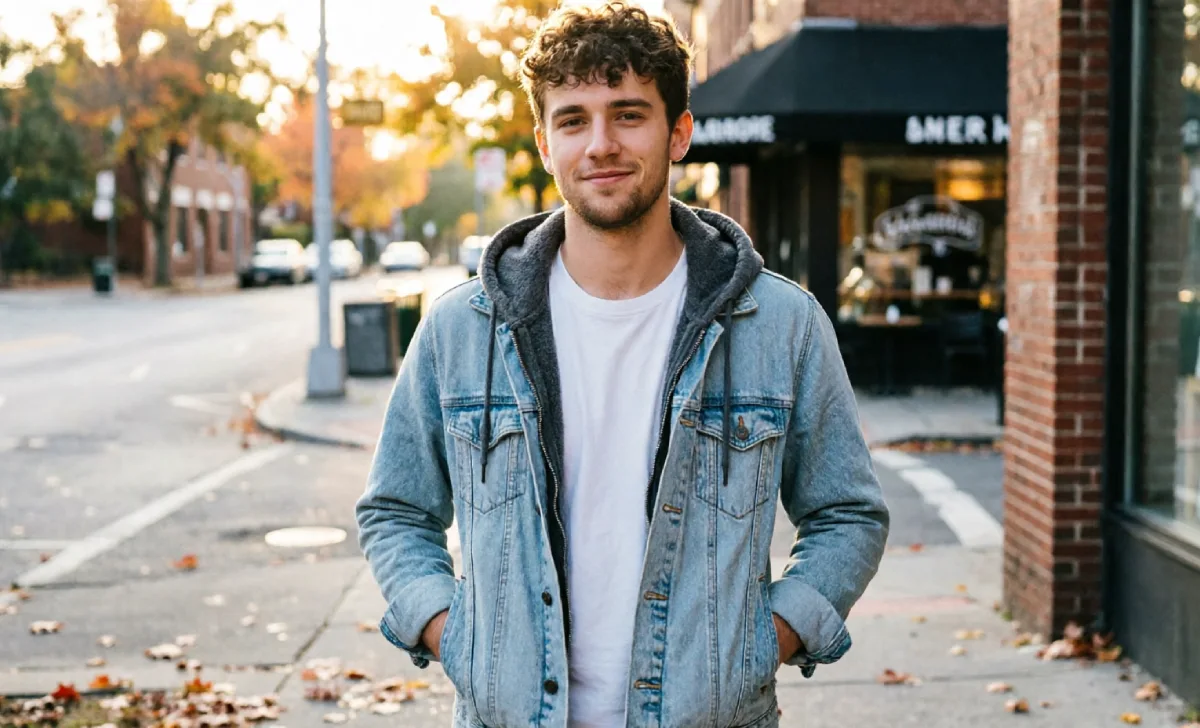 Person layering a t-shirt, hoodie, and denim jacket outdoors
