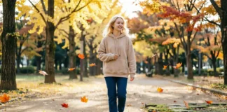 Woman wearing a cozy hoodie outdoors during hoodie season in fall
