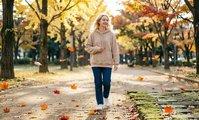 Hoodie Season Outfit Guide Woman wearing a cozy hoodie outdoors during hoodie season in fall