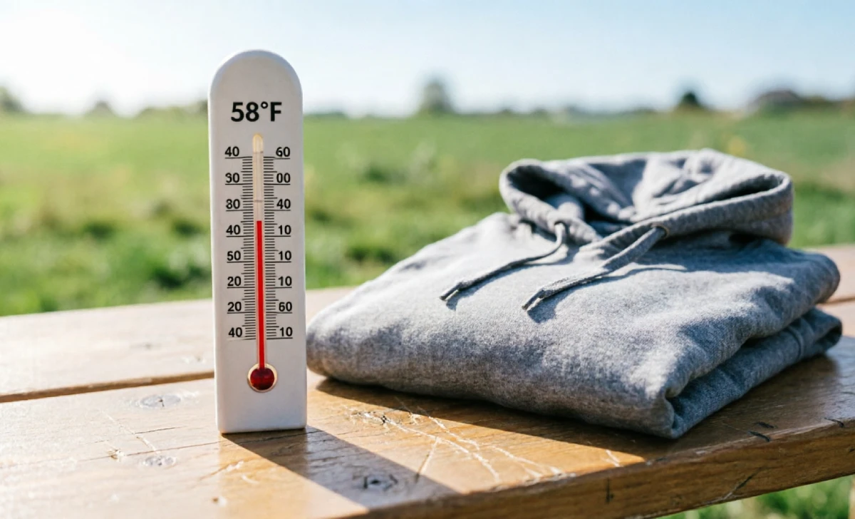 Thermometer showing the ideal 50 to 65 degree hoodie season range