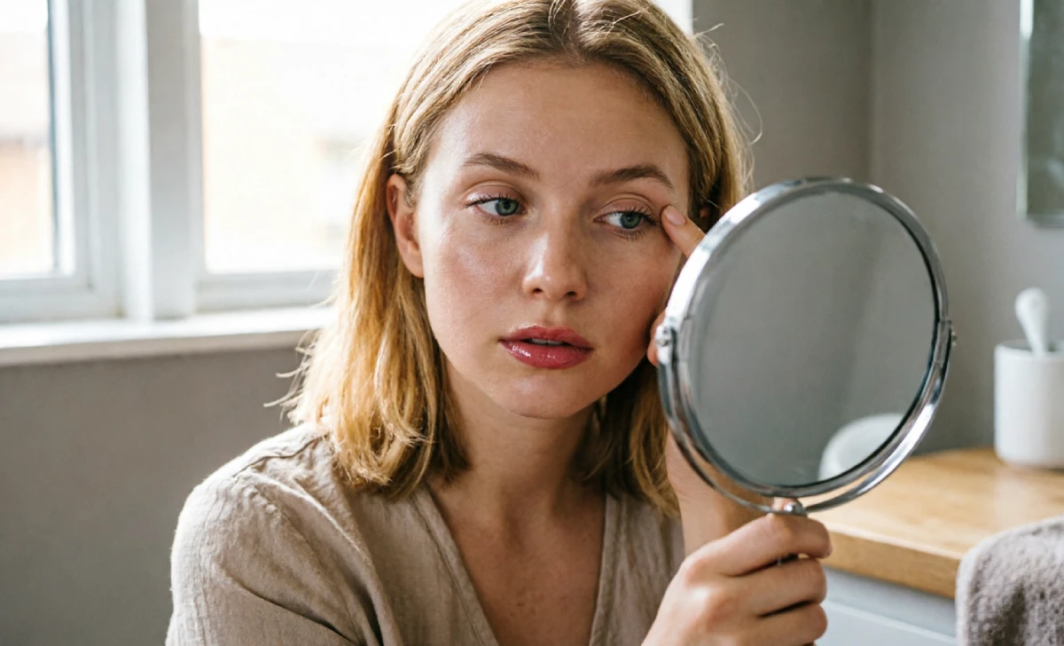 Woman checking her eyelid crease and corner angle in a mirror to determine her eye shapes