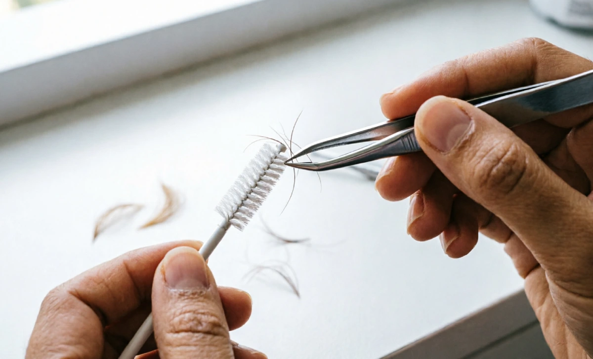Hands using tweezers and spoolie brush to shape eyebrows at home