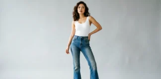 Woman showing how to style flare jeans with a white bodysuit and heels