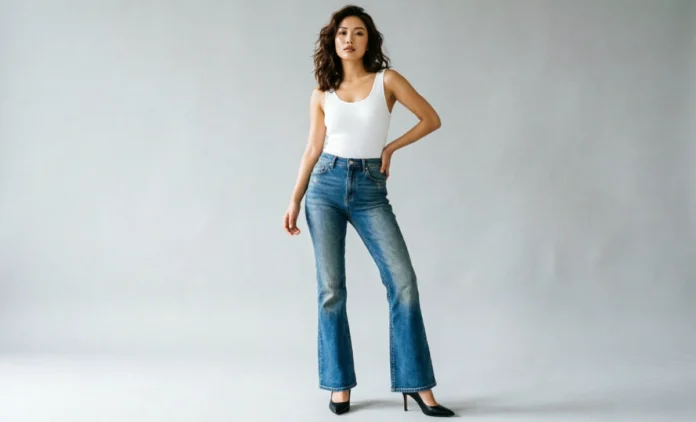 How to Style Flare Jeans – Complete Outfit Guide Woman showing how to style flare jeans with a white bodysuit and heels