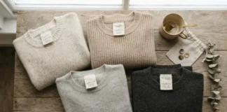 Is Aritzia Fast Fashion review cover image showing folded clothes and sustainability icons