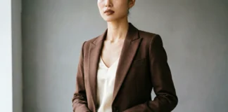 Is brown attractive to wear – woman wearing chocolate brown blazer outfit