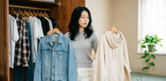 Deciding between a jacket or hoodie 70 degree weather while standing in front of an open closet