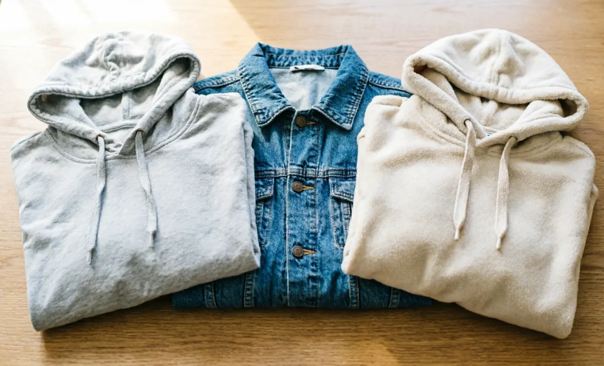 Cotton, denim, and fleece fabrics compared for jacket or hoodie 70 degree weather comfort