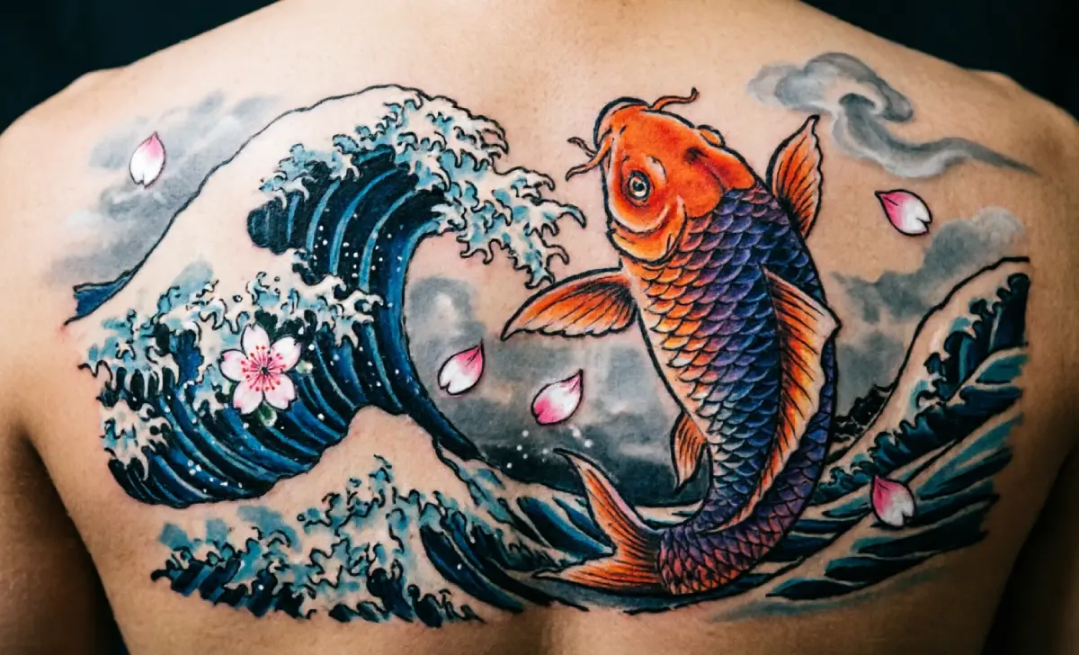 Japanese Irezumi tattoo showing koi fish and cherry blossoms symbolizing perseverance and honor