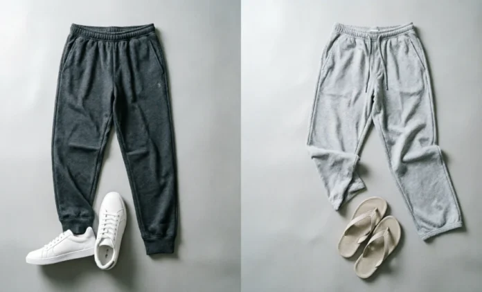 Joggers vs Sweatpants Comparison Joggers vs sweatpants comparison showing tapered ankle cuff jogger next to relaxed open-hem sweatpants