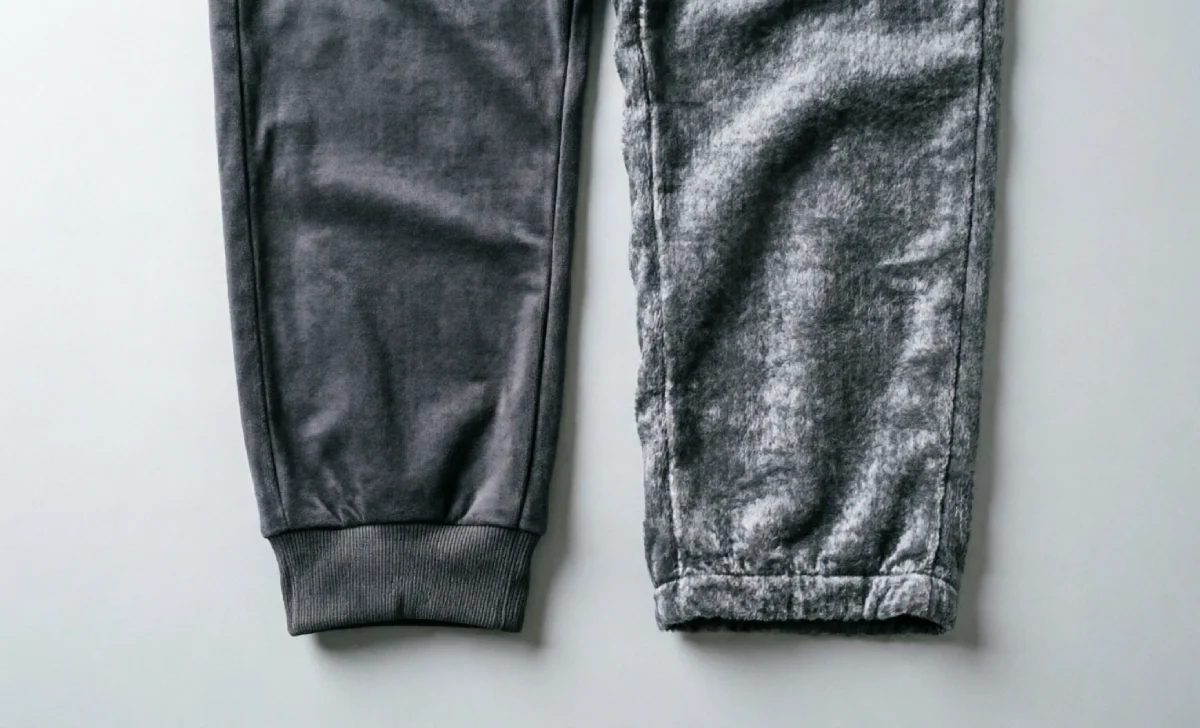 Comparison of jogger ankle cuff versus sweatpants open hem fabric difference