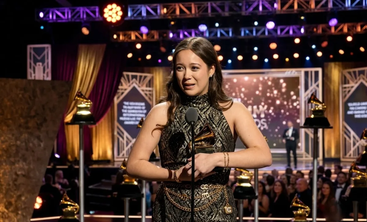 Singer holding a Grammy award on stage, representing Laufey's 2024 Grammy win
