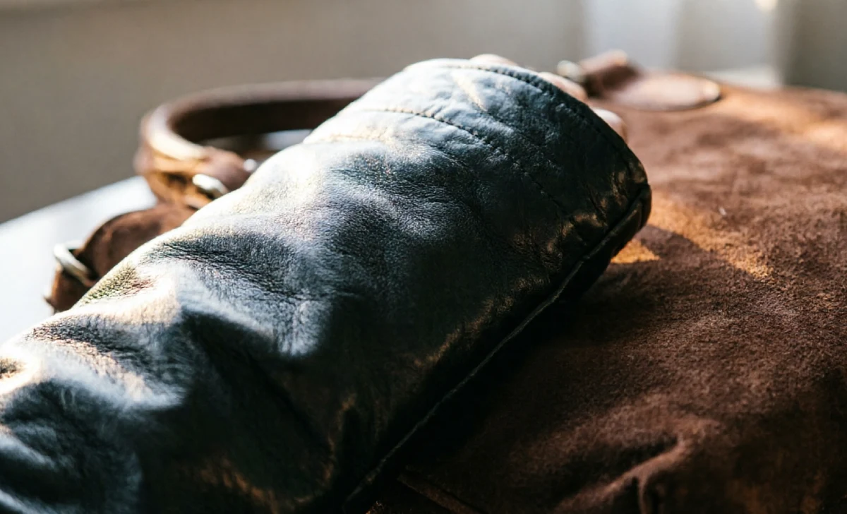 Close-up of black leather jacket against brown suede bag showing texture contrast in a black and brown outfit