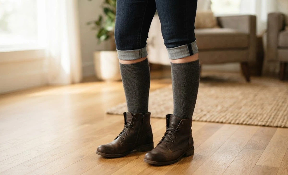 Maternity compression socks styled with jeans and ankle boots