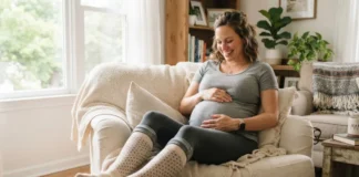 Pregnant woman wearing stylish maternity compression socks for leg swelling relief and daily comfort