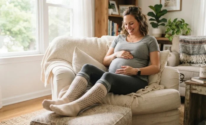 Stylish Maternity Compression Socks for Pregnancy Swelling Relief Pregnant woman wearing stylish maternity compression socks for leg swelling relief and daily comfort