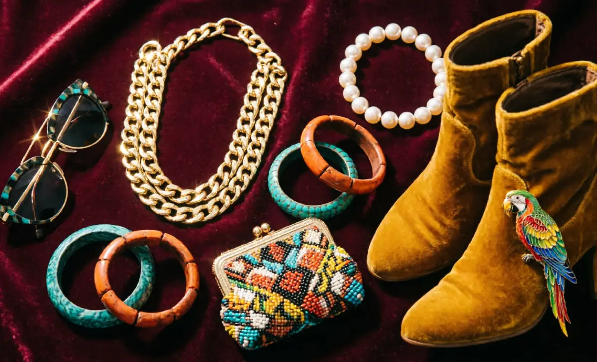 Maximalist outfits accessories layered: gold and silver necklaces, stacked bangles, cat-eye glasses, beaded clutch, and yellow velvet boots.
