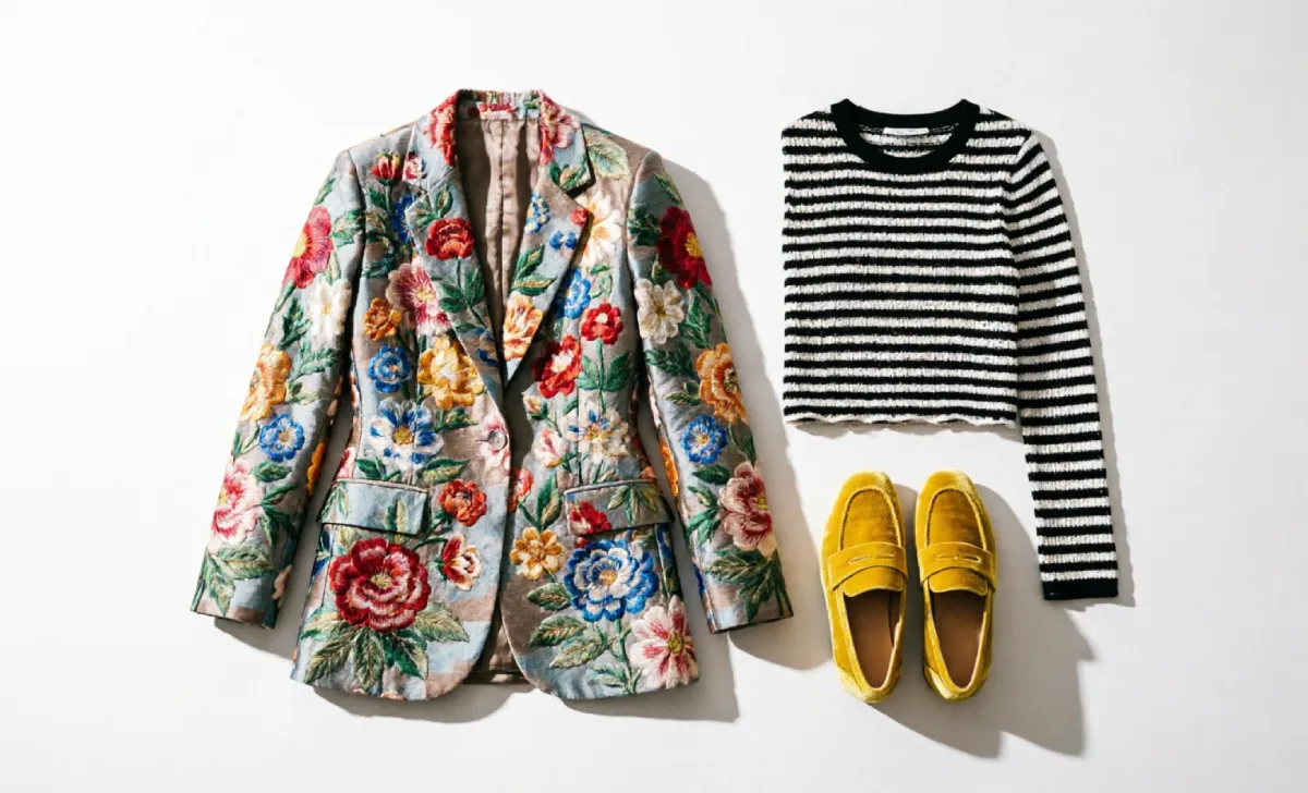 Maximalist outfits starter kit: embroidered floral blazer, striped tee, and yellow velvet loafers representing the hero-contrast-surprise formula.