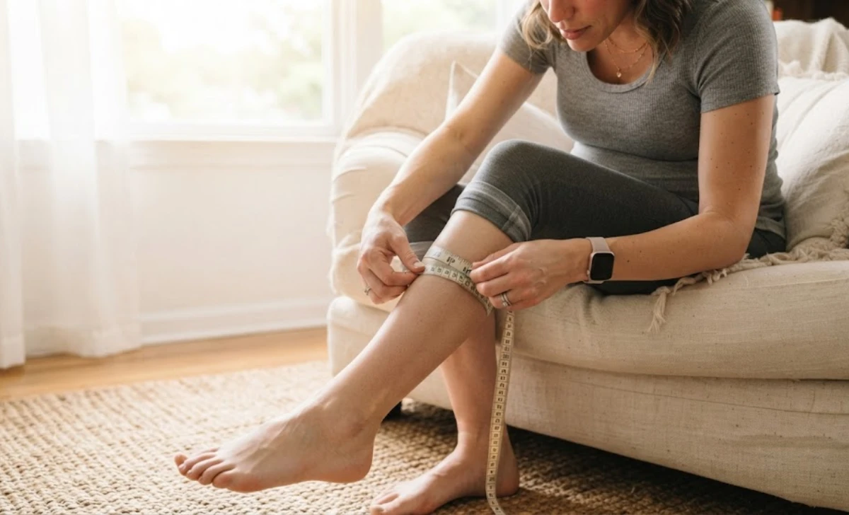 Pregnant woman measuring her calf for the right maternity compression socks size