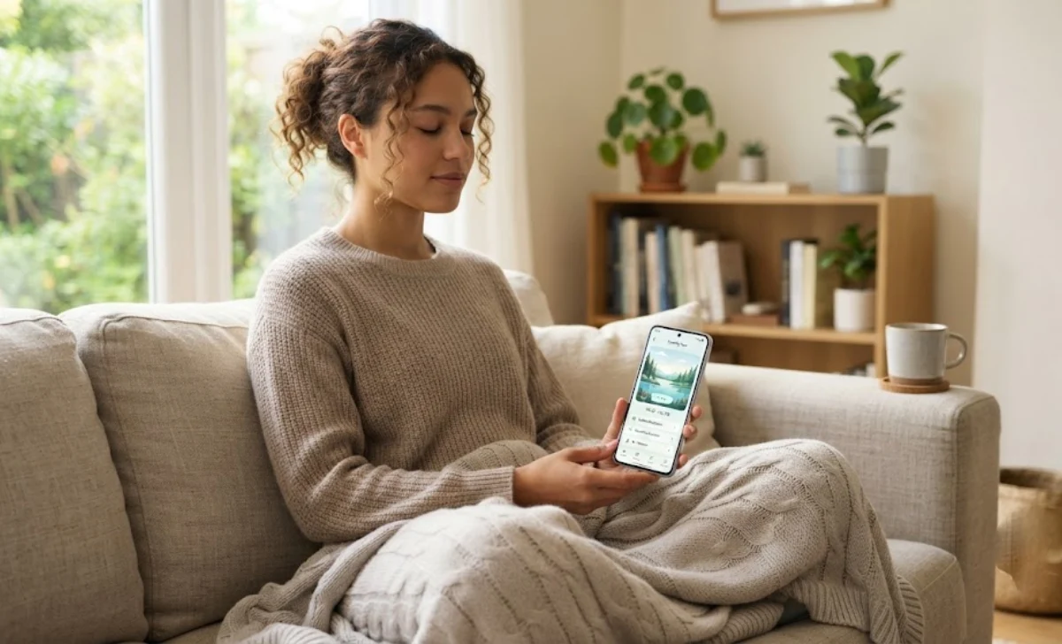 Person using a meditation app on a phone, showing technology positive effects on wellness for the mind.