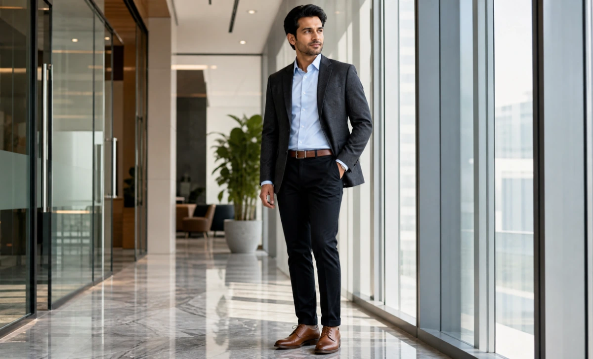 Man wearing black jeans with a tucked shirt, blazer, and leather shoes in a business casual office outfit