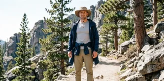Man wearing a complete mens hiking outfits with base layer, hiking pants, boots, and hat on a mountain trail