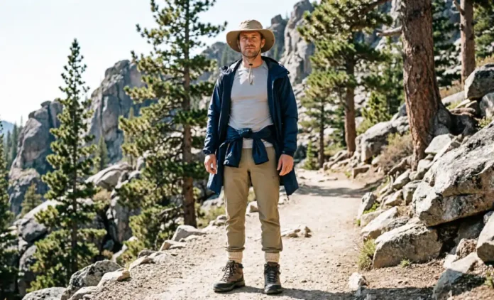 Mens Hiking Outfits – Complete Trail Layering Guide Man wearing a complete mens hiking outfits with base layer, hiking pants, boots, and hat on a mountain trail