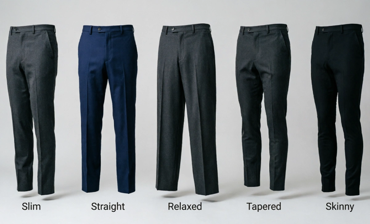 Comparison of men's pants fit types including slim, straight, relaxed, and tapered