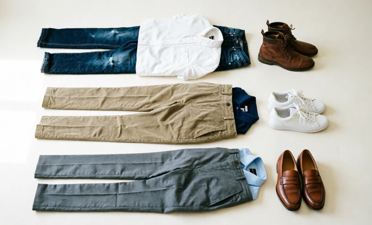 Outfit pairing ideas for jeans, chinos, and dress trousers with shoes