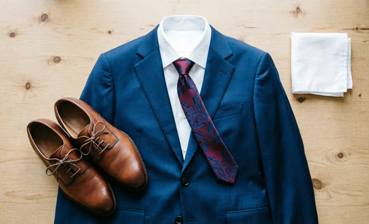men's wedding outfit formula flat lay navy suit and tie