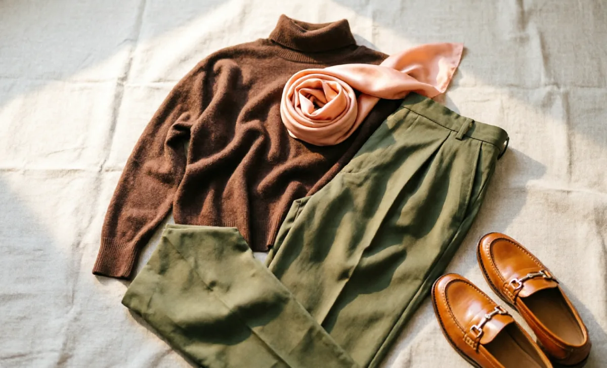 Modern brown outfit styled with olive green and blush pink color pairing